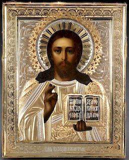RUSSIAN ICON OF CHRIST WITH SILVER OKLAD
