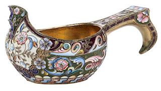 A FINE RUSSIAN SILVER GILT AND ENAMELED KOVSH