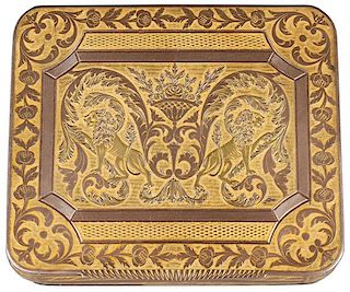 CONTINENTAL ENGRAVED VARICOLORED GOLD SNUFF BOX