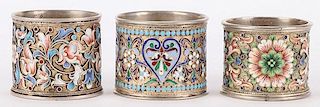 3 RUSSIAN SILVER AND ENAMEL NAPKIN RINGS