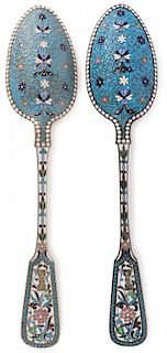 A PAIR OF LARGE RUSSIAN SILVER & ENAMEL SPOONS