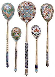 5 RUSSIAN SILVER & GILT ENAMEL SPOONS, MOSCOW