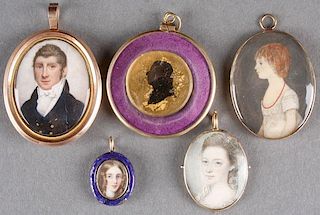A GROUP OF FIVE MINIATURE LOCKET STYLE PORTRAITS