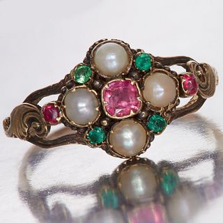 VICTORIAN GOLD RUBY, EMERALD AND PEARL RING