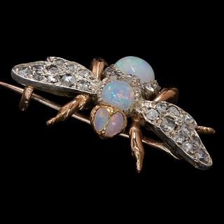 DIAMOND AND OPAL WINGED INSECT BROOCH.