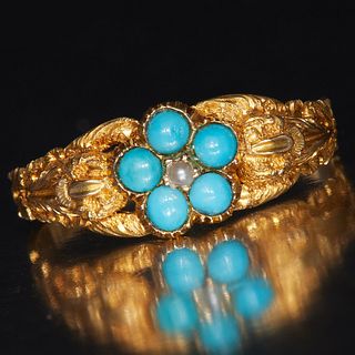 ANTIQUE VICTORIAN PEARL AND TURQUOISE CLUSTER RING