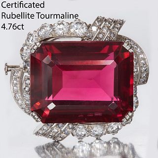 IMPORTANT CERTIFICATED NATURAL RUBELLITE AND DIAMOND BROOCH
