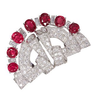 IMPORTANT ART-DECO RUBY AND DIAMOND DOUBLE CLIP BROOCH