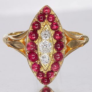 MARQUISE SHAPED RUBY AND DIAMOND CLUSTER RING