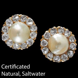 CERTIFICATED PAIR OF NATURAL SALTWATER PEARL AND DIAMOND CLUSTER EARRINGS