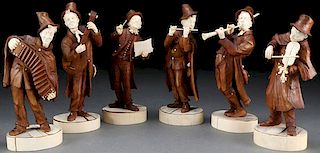 6 LARGE CARVED WOOD AND IVORY STREET MUSICIANS