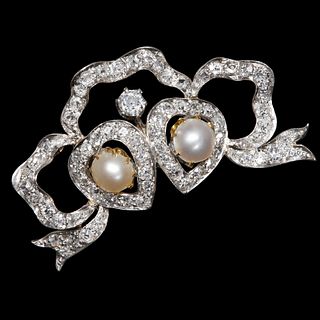 EDWARDIAN PEARL AND DIAMOND DOUBLE HEART BOW BROOCH,