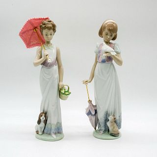 2pc Lladro Porcelain Parasol Girls Figurines
