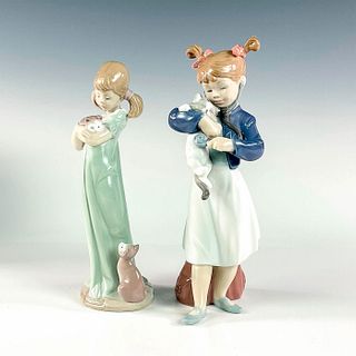 2pc Vintage Lladro Porcelain Figurines, Girls With Cats