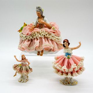 3pc Vintage Dresden Lady Mini Figurines