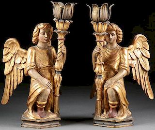 PAIR CARVED, POLYCHROME, & WOOD CANDLE STANDS
