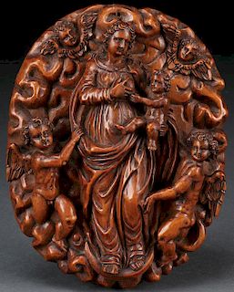 A GERMAN FRUITWOOD CARVED GROUPING, MADONNA