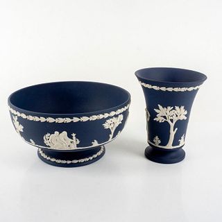 2pc Wedgwood Portland Blue Jasperware Bowl + Vase