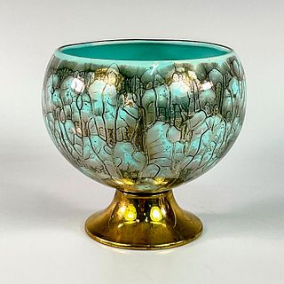 Distinctive Delft Mid-Century Brass Accented Footed Vase