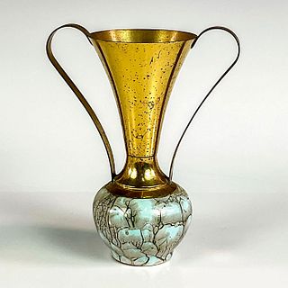 Mid-Century Modern Delft Marbled Glaze Brass Accented Vase