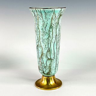 Vintage Delft Aqua Radiance Glaze Brass Footed Vase