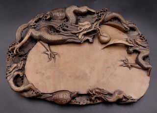 Chinese Carved Ink Stone with Dragons and Turtles.
