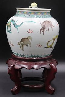 Chinese Famille Verte Incised Lidded Jar on Stand.