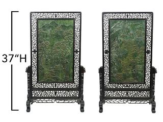 2 Chinese Carved Spinach Jade Table Screens