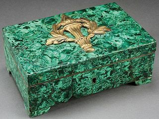 AN ORMOLU MOUNTED VENEERED MALACHITE BOX, FRENCH