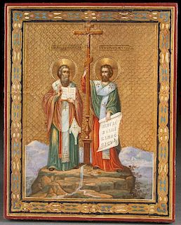 A RUSSIAN ICON OF SAINTS METHODIOUS AND CYRIL