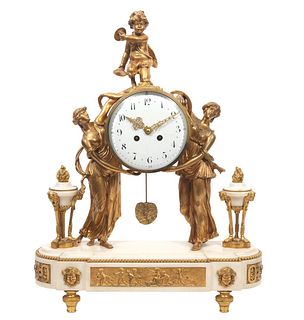 French Mid 19th C. Ormolu and Marble Mantel Clock