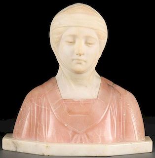 A CARVED VARICOLORED ALABASTER BUST OF BEATRICE