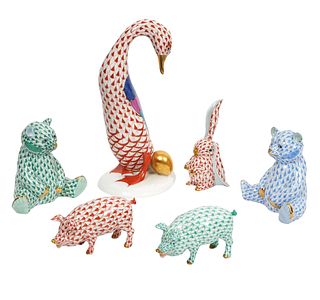 6 Herend Fishnet Animals 24K Gold Accents