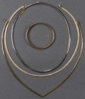 FOUR 14KT GOLD NECKLACES AND BANGLE