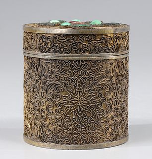 Chinese Brass Canister with Jadeite Stones