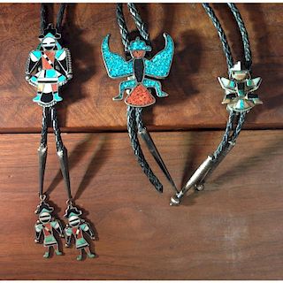 Zuni Knifewing Silver Bolo Ties with Inlay