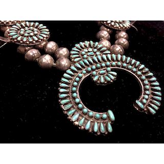 Zuni Turquoise Petit Point Silver Squash Blossom Necklace