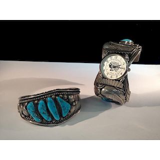 Navajo Sterling Silver and Turquoise Watch Cuff with Claw and Complementing Bracelet, From the Estate of Lorraine Abell (New