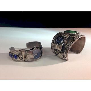 Navajo Silver Watch Cuffs with Turquoise and Lapis, From the Estate of Lorraine Abell (New Jersey, 1929-2015)