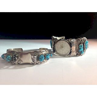 Navajo Silver and Turquoise His and Hers Watchband Cuffs, From the Estate of Lorraine Abell (New Jersey, 1929-2015)