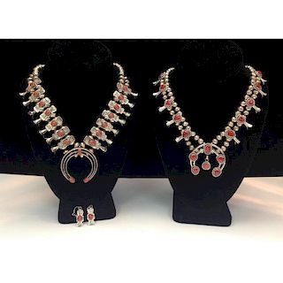 Navajo Silver and Coral Squash Blossom Necklaces, One Set with Earrings, From the Estate of Lorraine Abell (New Jersey, 1929-