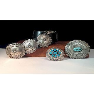 Navajo Sterling Silver Concha Belt with Additional Silver and Turquoise Buckles, From the Estate of Lorraine Abell (New Jerse