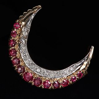 RUBY AND DIAMOND CRESCENT BROOCH