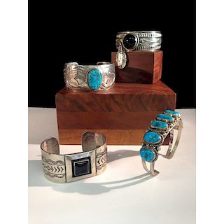 Navajo Sterling Silver Bracelets with Turquoise and Onyx From the Estate of Lorraine Abell, New Jersey (1929-2015)