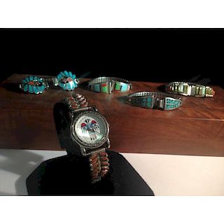 Zuni Silver Women's Watchbands with Turquoise and Coral, From the Estate of Lorraine Abell (New Jersey, 1929-2015)