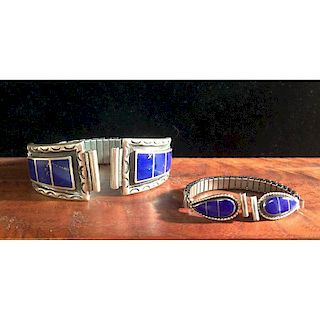 Zuni Silver and Lapis Inlay His and Hers Watchbands, From the Estate of Lorraine Abell (New Jersey, 1929-2015)