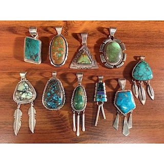 Collection of Navajo Sterling Silver and Turquoise Pendants, Including Silversmith Lonnie Willie, From the Estate of Lorraine