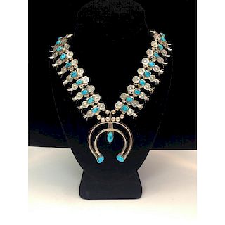 Doris Smallcanyon (Dine, 20th century) Silver and Turquoise Squash Blossom Necklace, From the Estate of Lorraine Abell (New J