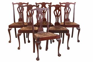 Six Chippendale Style Mahogany Rush Seat Chairs