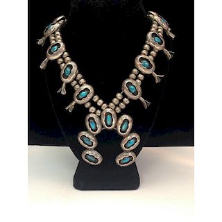 Navajo Silver and Turquoise Shadowbox Squash Blossom Necklace, From the Estate of Lorraine Abell (New Jersey, 1929-2015)
